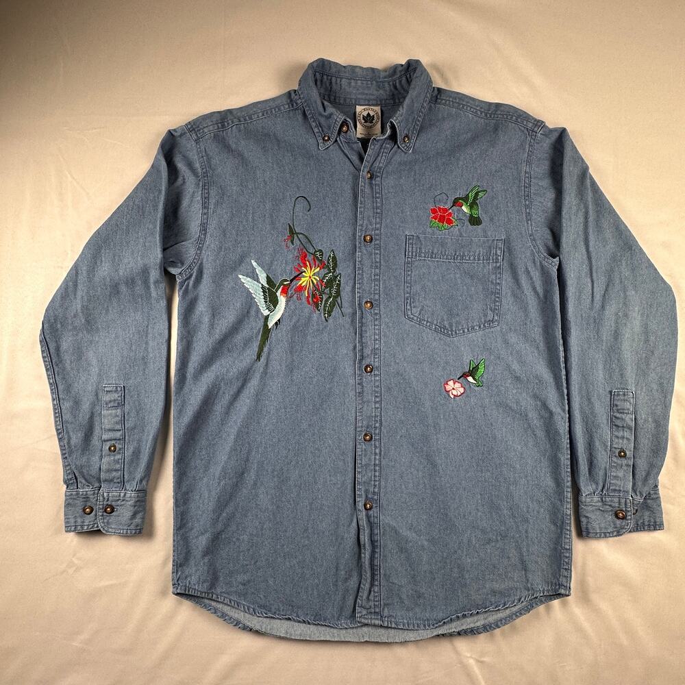 Vintage Nature Wear Hummingbird Embroidered Denim Shirt L